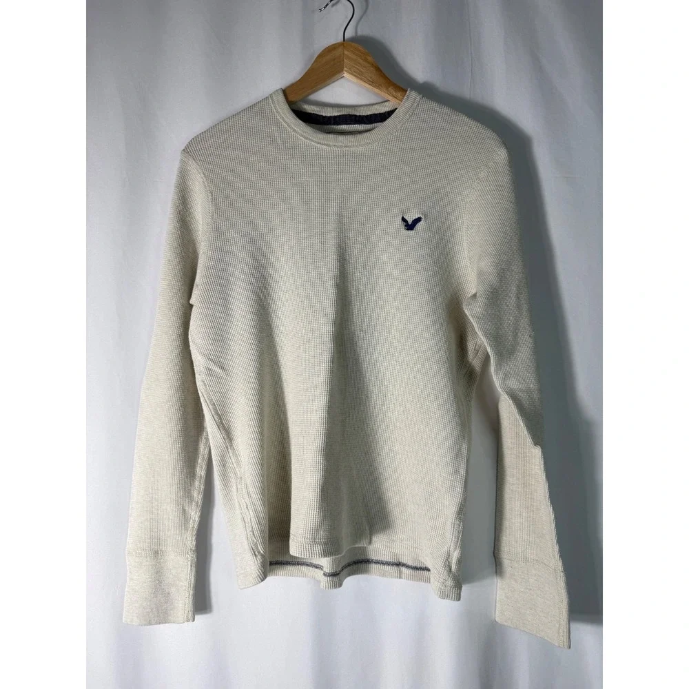 American Eagle Mens Long Sleeve Thermal Knit Crew Neck Shirt LG Beige‎ Y2K
